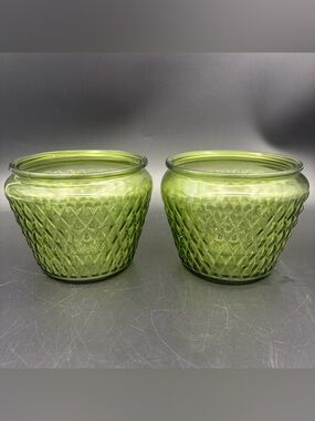 Vintage Glass Planter Bowl Avocado Green Asian Diamond Point Round Lot of 2